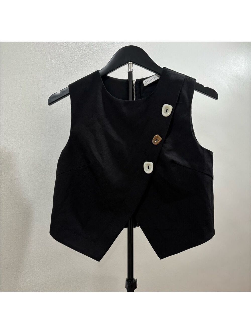 729. Chicways Black Asymmetric Button Vest with Mismatched Buttons